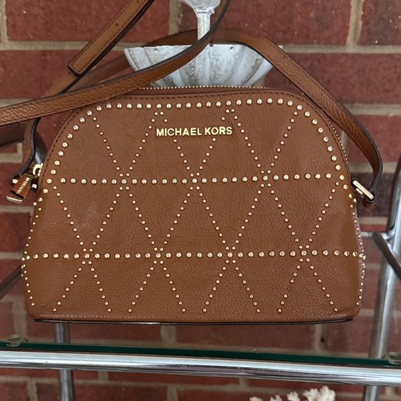 Michael Kors Adele Medium Dome Leather Gold Tone Studded Crossbody/Luggage Bag - Picture 2 of 9